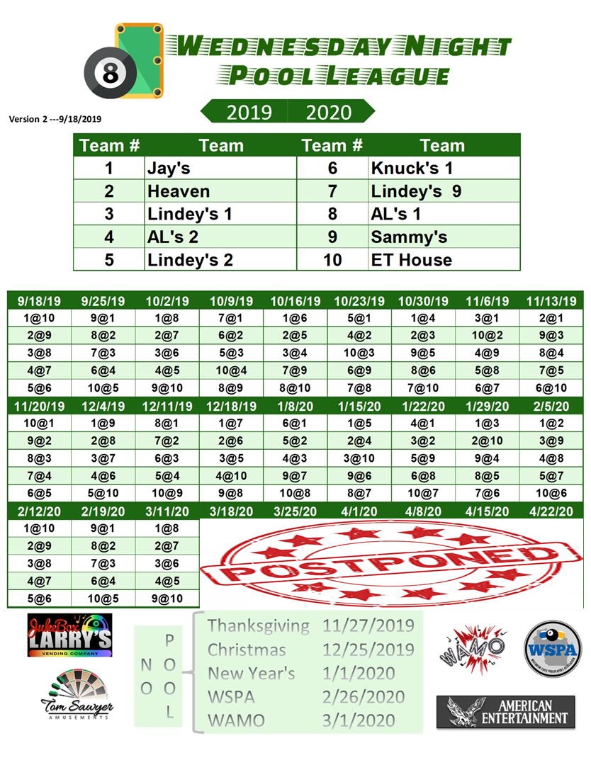 2019-2020 Wednesday Night Schedule